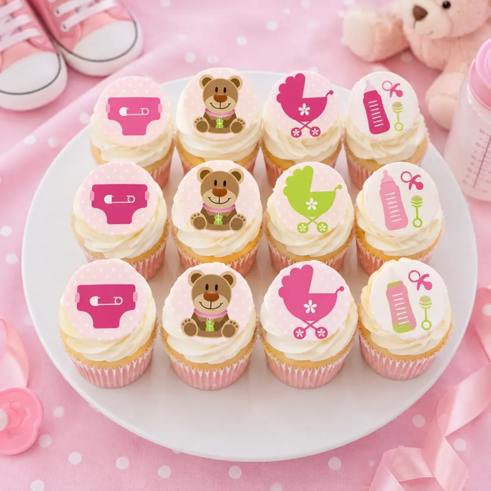 12 Mini disques en sucre Bébé Rose