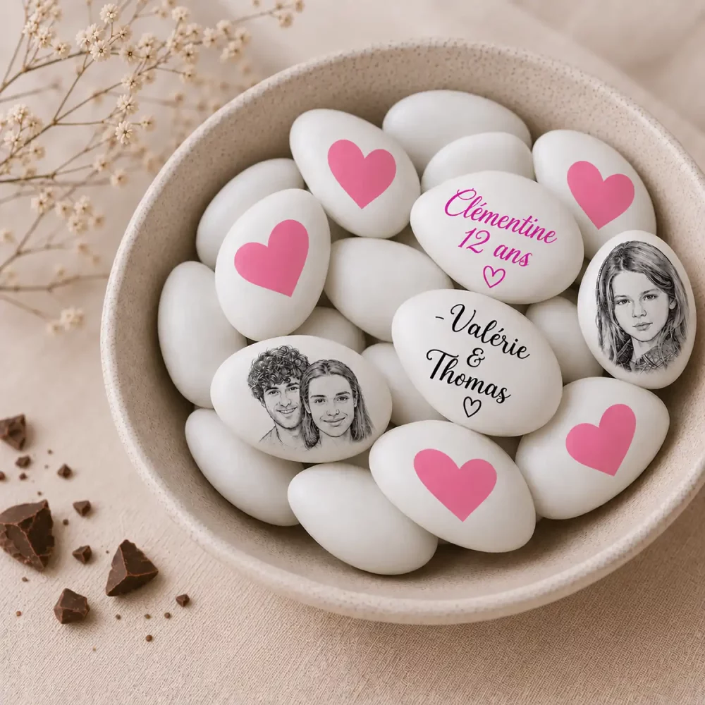 Dragées au chocolat personnalisées décor coeur