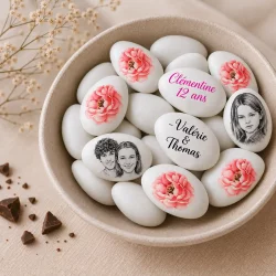 Dragées au chocolat à personnalisées décor roses vintages