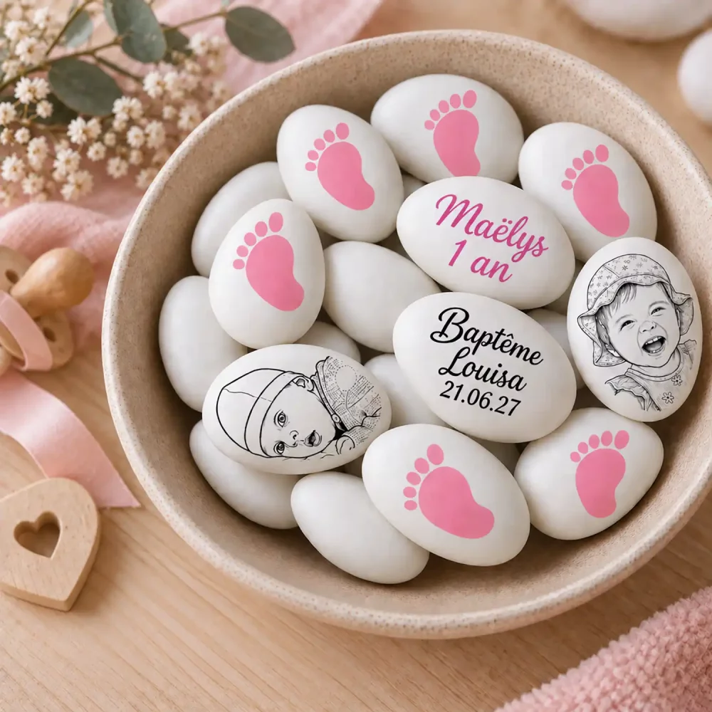 Dragées au chocolat à personnaliser décor peton rose
