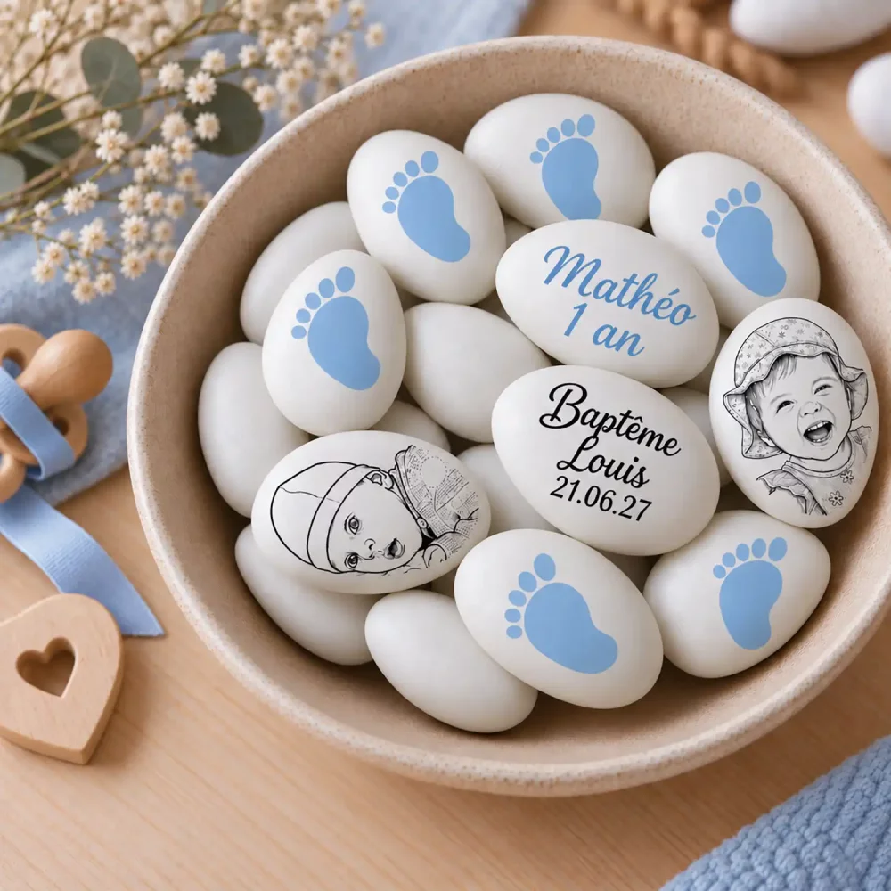 Dragées personnalisées décor peton bleu au chocolat