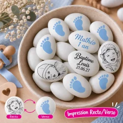 Dragées personnalisées décor peton bleu au chocolat