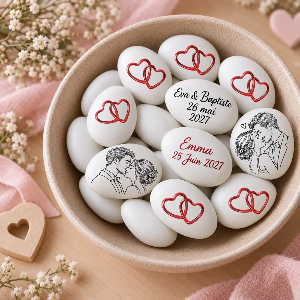 Dragées personnalisées décor coeurs croisés au chocolat