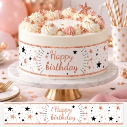 Bandes de gâteaux sucre décor Happy Birthday rose or
