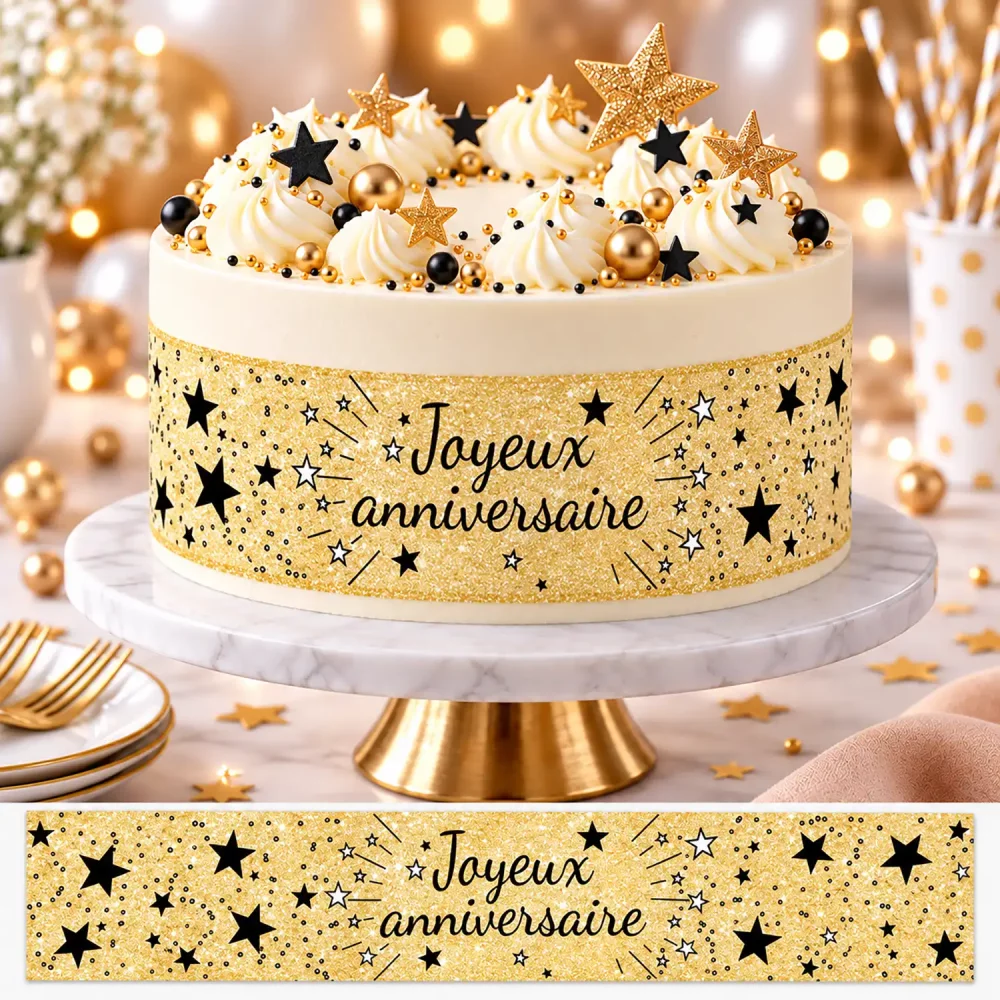 Bandes de gâteaux sucre décor Joyeux Anniversaire noir