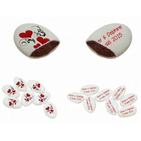 110 Dragées personnalisées chocolat décor Coeurs ornement texte