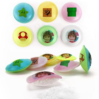 Bonbons personnalisés soucoupes acides décor Mario Bross.