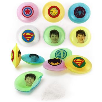 Bonbons personnalisés soucoupes acides décor Super Heros.
