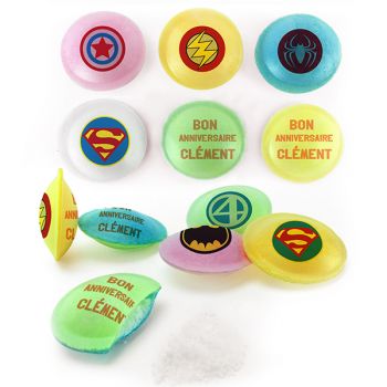 Bonbons personnalisés soucoupes acides décor Super Heros.