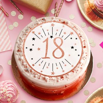 Gâteau anniversaire avec un disque azyme sucre décor gold rose 18 ans
