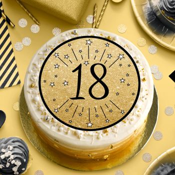 Gâteau anniversaire avec un disque azyme sucre décor or etnoir 18 ans