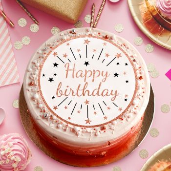 Gâteau anniversaire avec un disque azyme sucre décor Happy birthday gold rose
