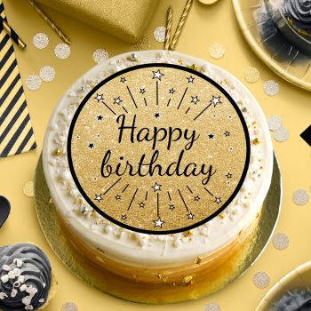 Gâteau anniversaire avec un disque azyme sucre décor Happy birthday noir