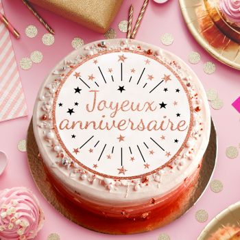 Gâteau anniversaire avec un disque azyme sucre décor Joyeux Anniversaire gold rose