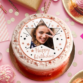 Disque sucre pour gâteau personnalisé Happy Birthday gold rose