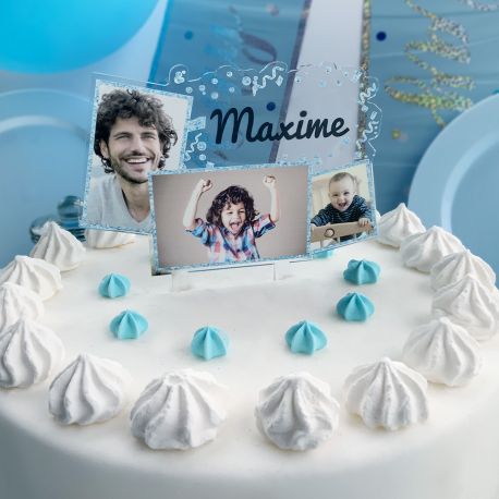 Cake topper personnalisé bleu paillettes Multi-photos + messages