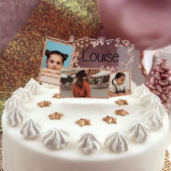 Cake topper personnalisé rose gold paillettes Multi-photos + messages