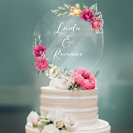 Wedding Cake topper personnalisé rond décor fleurs