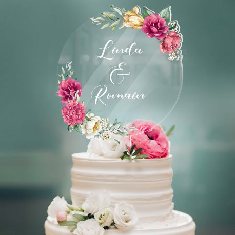 Wedding Cake topper personnalisé rond décor Pivoines roses