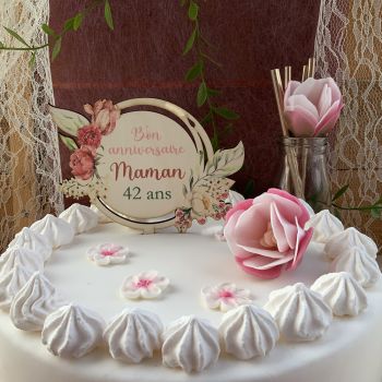 Cake topper bois personnalisé fleurs rose pastels