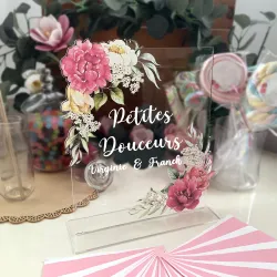 Porte menu personnalisé plexi décor Pivoines roses