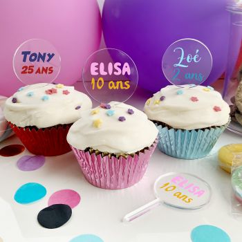 12 Cupcakes topper personnalisé rond texte