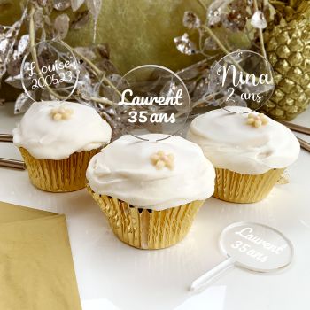 12 Cupcakes topper personnalisé texte rond blanc pur