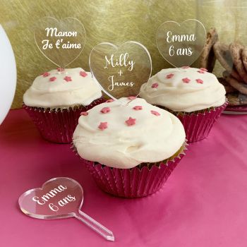 12 Cupcakes topper personnalisé coeur texte blanc pur
