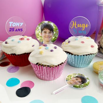 12 Cupcakes topper personnalisés rond photo + texte