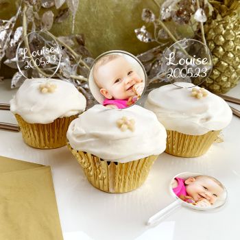 12 Cupcakes topper personnalisés rond photo + texte blanc pur
