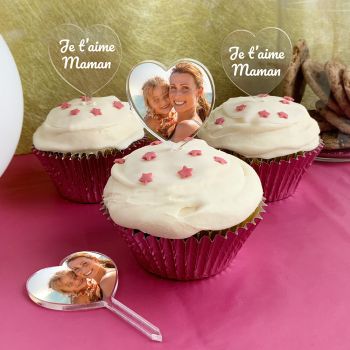 12 Cupcakes topper personnalisés coeurs photo + texte blanc pur