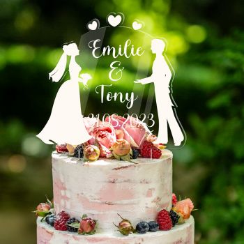 Cake topper mariage personnalisé mariés coeurs blanc