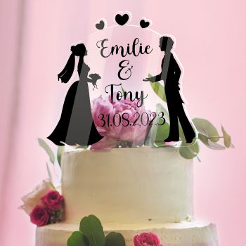 Cake topper mariage personnalisé mariés coeurs noir