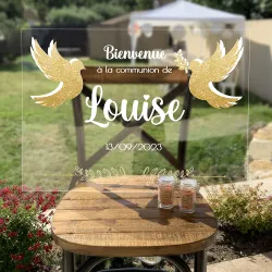 Véritable plaque bienvenue personnalisée décor communion colombe