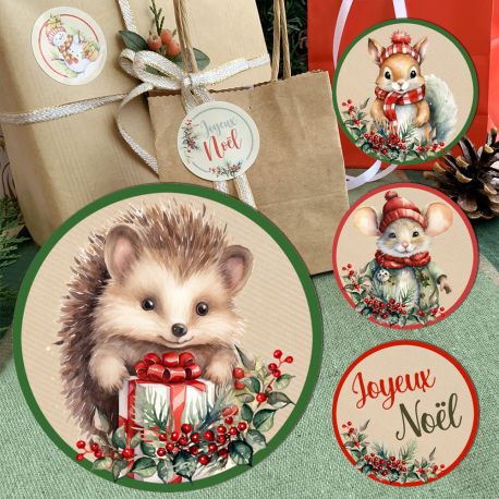 Etiquettes adhésives décor animaux de Noël 4cm