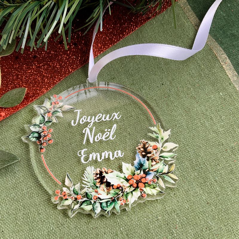 4 Boules de noël personnalisé plexi décor houx blanc pur