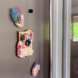 Lot de 5 Magnets personnalisés Bois Merci décor Pivoines roses