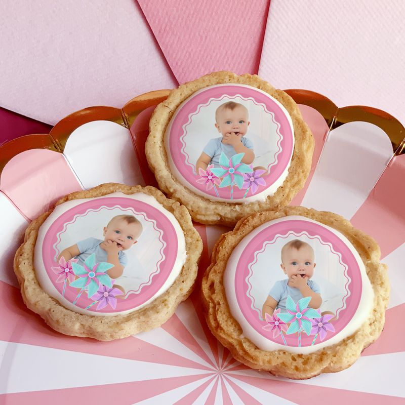 6 cookies personnalisés photo décor moulin à vent rose