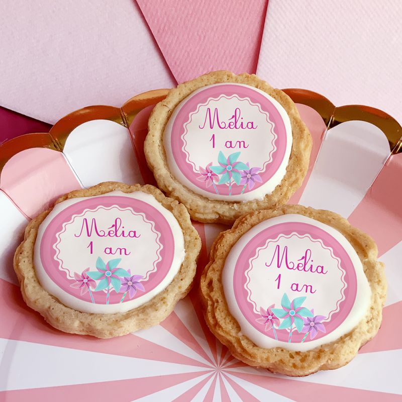 6 cookies personnalisés texte décor moulin à vent rose